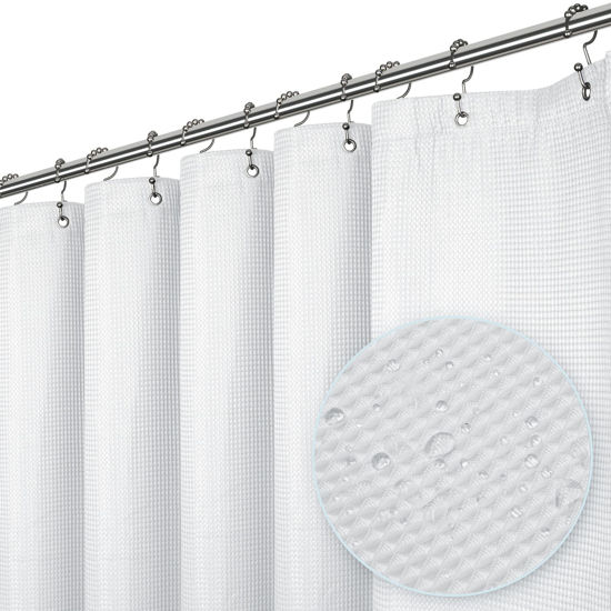 Picture of LiBa Waffle Weave Fabric White Shower Curtain, 72” W x 84” H Water Repellent & Heavyweight, Hotel Quality & Machine Washable Cloth Linen Long Shower Curtains Set and Shower-Liner for Bathroom