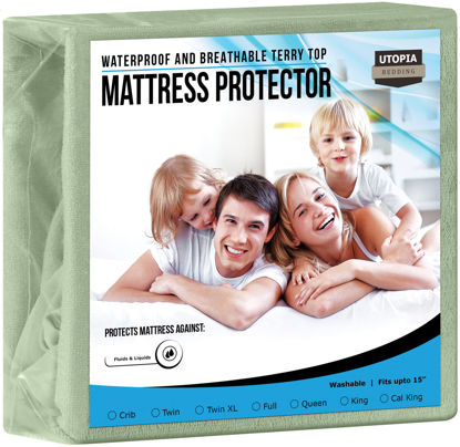 Picture of Utopia Bedding Premium Waterproof Terry Mattress Protector Twin 200 GSM, Mattress Cover, Breathable, Fitted Style with Stretchable Pockets (Sage)