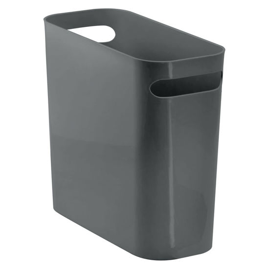 Picture of mDesign Plastic Small Trash Can, 1.5 Gallon/5.7-Liter Wastebasket, Narrow Garbage Bin with Handles for Bathroom, Laundry, Home Office - Holds Waste, Recycling, 10" High - Aura Collection - Dark Gray