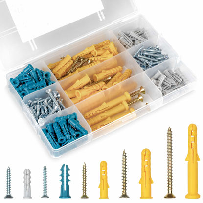 Picture of KURUI Drywall Anchors and Screws Assortment Kit 230PCS, 115 Plastic Wall Anchors and 115 Philips Flat Head Screws, 5 Sizes Galvanized Screws and Wall Plug Bolts with Organizer Box