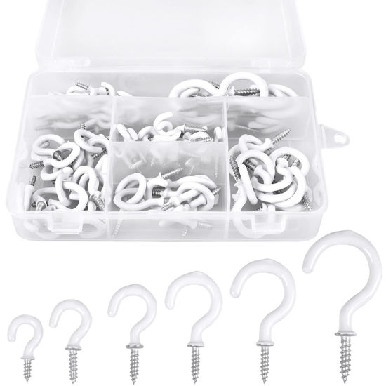 Picture of Romeda 90 Pcs White Ceiling Hooks kit, 6 Sizes Vinyl Coated Screw-in Plant, Kitchen, Cup, Ceiling Hooks for Hanging (1/2in, 5/8in,3/4in,7/8in,1'',1-1/4in)