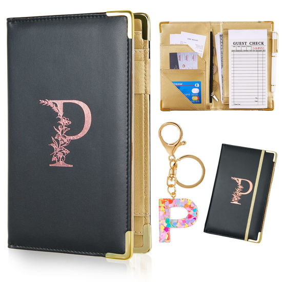 Picture of FIODAY Server Books Alphabet Waitress Book Cute Waiter Book Zipper Pocket Leather Serving Book with Gift Keychain Guest Check Book Server Note Pads Holder Fits Server Apron P