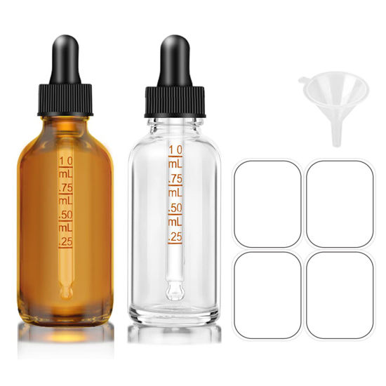 Picture of Bumobum Glass Dropper Bottles, 2 oz Clear and Amber Dropper Bottle for Essential Oils Bottles with Funnel, Labels & Pipette, 2 pack Eye Tincture Bottle with Measured Dropper