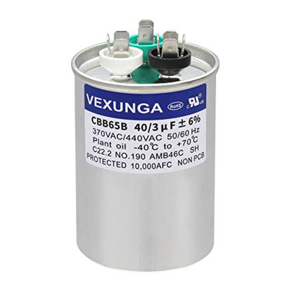 Picture of VEXUNGA 40/3 uF 40+3 MFD 370VAC or 440VAC Dual Run Start Round A/C Capacitor CBB65 CBB65B Air Conditioner Capacitors for AC Unit Fan Motor Start or Heat Pump or Condenser Straight Cool