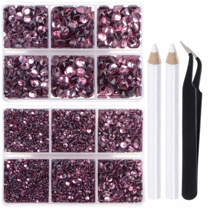 Picture of LPBeads 6400 Pieces Hotfix Rhinestones Lt Amethyst Flat Back 5 Mixed Sizes Crystal Round Glass Gems with Tweezers and Picking Rhinestones Pen