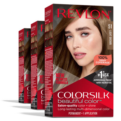 Picture of Permanent Hair Color by Revlon, Permanent Brown Hair Dye, Colorsilk with 100% Gray Coverage, Ammonia-Free, Keratin and Amino Acids, Brown Shades (Pack of 3)