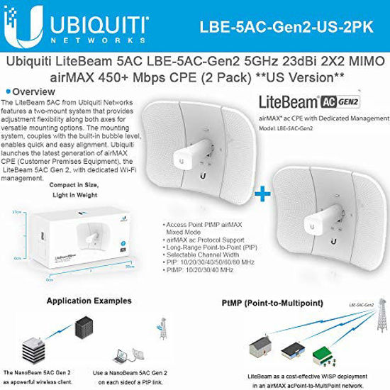Picture of Ubiquiti LiteBeam Gen 2 LBE-5AC-Gen2-US 2X2 MIMO airMAX 5GHz 23dBi 450Mbps-2PACK