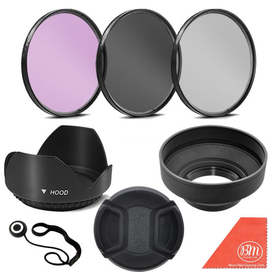 Picture of 3 Piece Filter Kit (UV-CPL-FLD) + Tulip Lens Hood + Soft Rubber Hood + Lens Cap + for Select Canon, Nikon, Sony, Olympus, Panasonic, Fuji, Sigma SLR Lenses, Cameras and Camcorders (72MM)