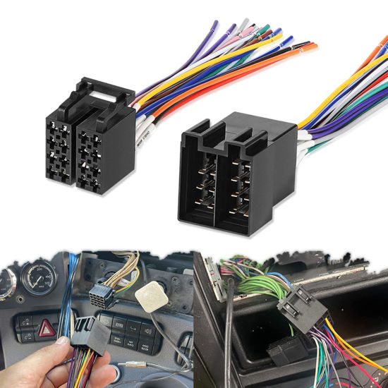 Picture of 16 Pin ISO Radio Wire Harness Adapter (Pair, Male & Female) Fits for Peterbilt Freightliner Semi Truck International Volvo Sterling Mack Kenworth Stereo