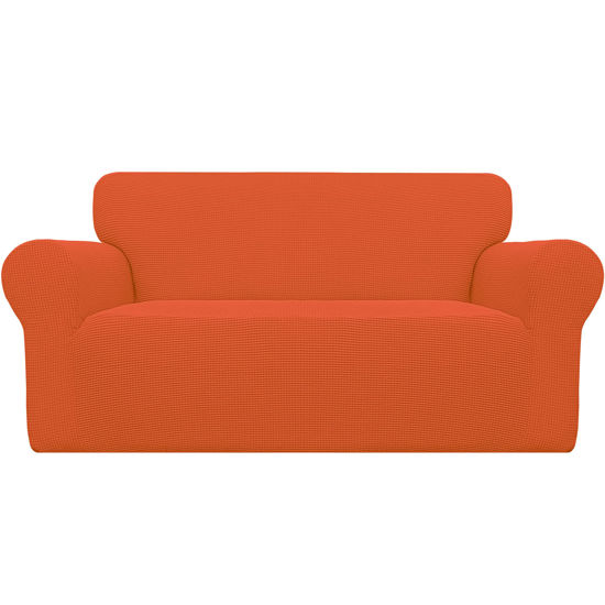 Picture of Easy-Going Stretch Loveseat Slipcover 1-Piece Sofa Cover Furniture Protector Couch Soft with Elastic Bottom for Kids Polyester Spandex Jacquard Fabric Small Checks (Loveseat, Orange)