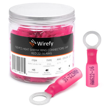 Picture of Wirefy 150 PCS Heat Shrink Ring Terminals 1/4" - Marine Grade Ring Connectors - Eyelet Wire Connectors - Red 22-16 AWG