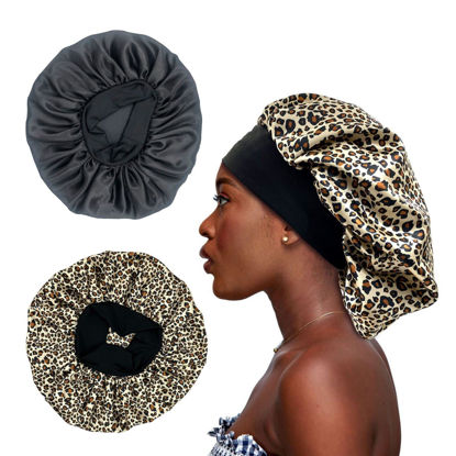 Picture of 2PCS Large Satin Bonnet,Silk Bonnet Hair Wrap for Sleeping, Sleep Cap with Elastic Soft Band, Big Bonnets for Black Women Hair Care (Black, Leopard)