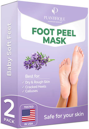 Picture of PLANTIFIQUE Foot Peel Mask with Lavender 2 Pack Peeling Foot Mask Dermatologically Tested - Repairs Heels, Removes Dead Skin for Baby Soft Feet - Exfoliating Foot Mask for Dry Cracked Feet