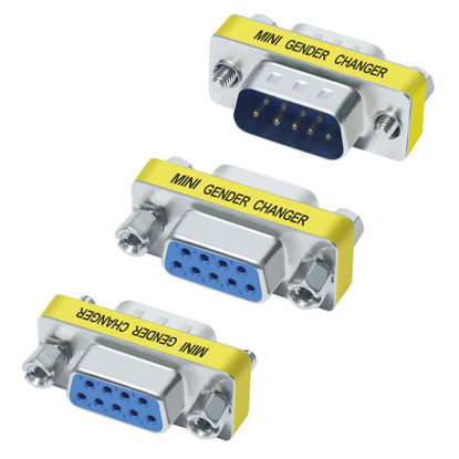 Picture of DTech 3-Pack Serial Adapter Female to Female DB9 Gender Changer Female to Male 9 Pin Connector Male to Male RS232 Coupler Mini Size for PC Computer Data Transfer