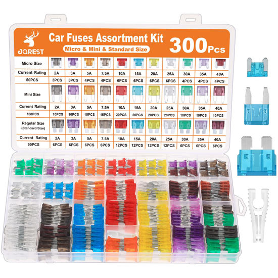 Picture of JOREST 300Pcs Car Fuse Assortment Kit, 160 Mini Blade Fuses Automotive + 90 Standard Auto Fuses + 50 Micro Fuse + Fuse Puller - for Car/RV/Truck/Motorcycle(2Amp 3A 5A 7.5A 10A 15A 20A 25A 30A 35A 40A)