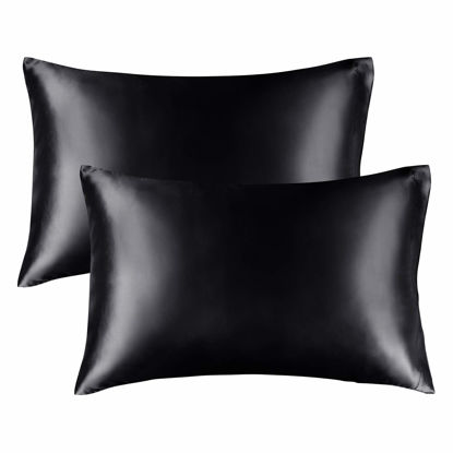 Picture of BEDELITE Satin Pillowcase for Hair and Skin, King Pillow Cases Set of 2 Pack Super Soft Silky Black Pillow Case with Envelope Closure (20x40 Inches)