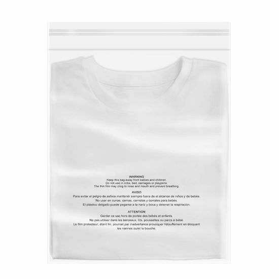 Picture of 100 Count - 13" x 15", Self Seal 1.6 Mil Clear Plastic Poly Bags with Suffocation Warning for Clothing, T-Shirts, Pants-Resealable Adhesive,Not Strong