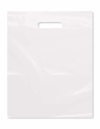 Picture of Purple Q Crafts Plastic Bag With Die Cut Handle Bag 12" x 15" White Plastic Merchandise Bags 100 Pack for Retail, Gifts, Trade Show and More