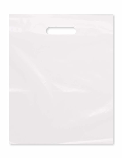 Picture of Purple Q Crafts Plastic Bag With Die Cut Handle Bag 12" x 15" White Plastic Merchandise Bags 100 Pack for Retail, Gifts, Trade Show and More