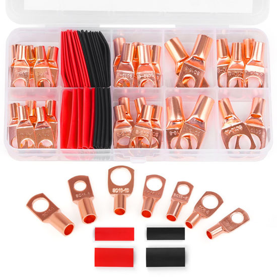 Picture of 60Pcs Copper Wire Lugs,Terminal Connectors,Used on AWG12-10 8 6 Cable,Heat Shrink Set,Bare Copper Eyelets,Ring Terminals Connectors,30Pcs Battery Cable Lugs Ends and 30Pcs Heat Shrink Tubing