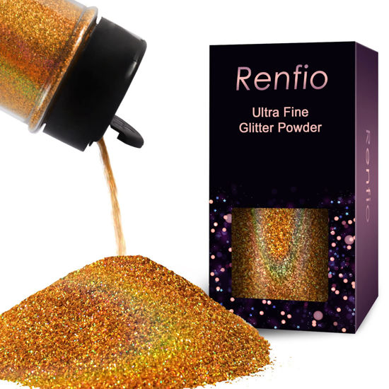 Picture of Renfio Holographic Ultra Fine Glitter Powder Metallic Resin Glitter 1.75 Oz (50g) PET Flakes Crafts Sequins 1/128" 0.008" 0.2mm Epoxy Chips Flakes for Tumblers Slime - Laser Gold