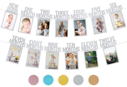 Picture of PartyHooman 1st Birthday Photo Banner for Baby from Newborn to 12 Months, First Birthday Decorations Girl Monthly Milestones Garland | First Birthday Photo Banner Pre-strung with Frame (Silver)