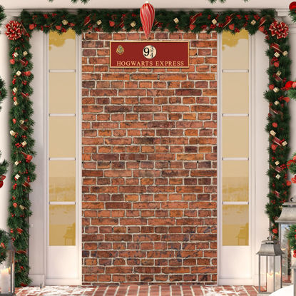 Picture of Brick Wall Backdrop Platform 9 and 3/4 King's Cross Station, Party Backdrop Door Curtains for Halloween Party, Christmas, Birthday Gifts, Outdoor and Indoor Photo Props Brick Wall Decoration, Yellow