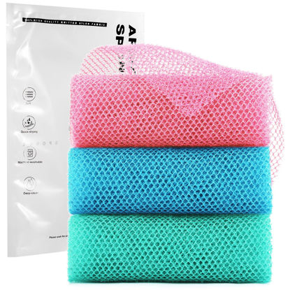 Picture of 3 Pieces African exfoliating net African Net Long Net Bath Sponge Exfoliating Shower Body Scrubber Back Scrubber Skin Smoother,Great for Daily Use (Pink, Blue, Green)