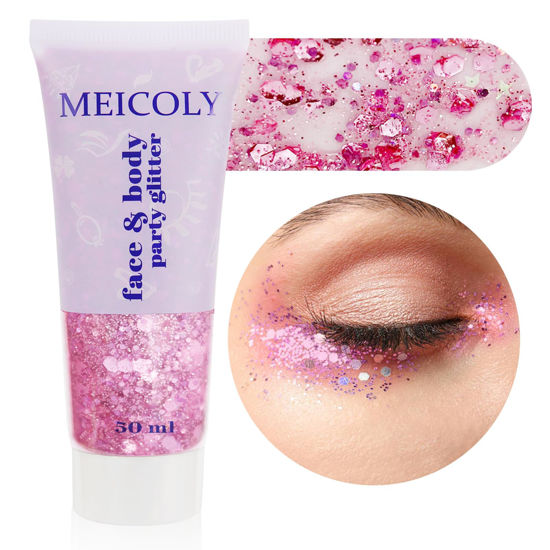 Picture of MEICOLY Pink Body Glitter,Singer Concerts Face Glitter Gel,Mermaid Sequins Liquid Holographic,Face Lip Hair Music Festival Rave Accessories Makeup,Sparkling Body Glitter Gel for Women,50ml