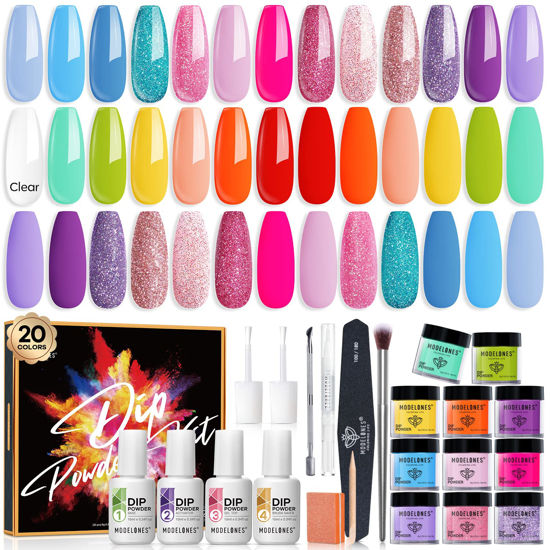 Picture of Modelones 32 Pcs Dip Powder Nail Kit Starter, 20 Colors Neon Hot Pink Glitter Rainbow Summer Dipping Powder Liquid Set with Base Top Coat Activator for Nail Art Manicure DIY Salon All-in-One Kit Gift