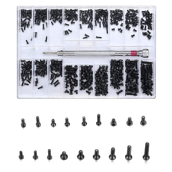 Picture of 500 Pcs Small Replacement Screws, M1.2/M1.4/M2.0 Black Tiny Micro Laptop Computer Electronic Screws Assortment Kit, Glasses Watches Hard Drive SSD Repair Screws, with Screwdriver