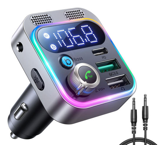 Picture of 2022 Bluetooth 5.3 FM Transmitter for Car, JOYROOM [Stronger Dual Mics & HiFi Deep Bass Sound] , 48W PD&QC3.0 Bluetooth Car Adapter, Hands-Free Calling, Larger LED, AUX Output & U Disk