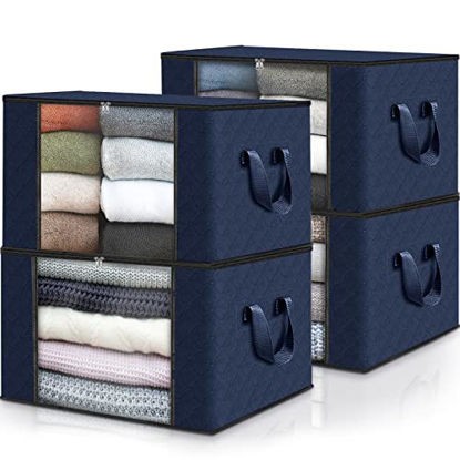 Picture of Fab totes 4 Pack Clothes Storage, Foldable Blanket Storage Bags, Storage Containers for Organizing Bedroom, Closet, Clothing, Comforter, Organization and Storage with Lids and Handle, Blue