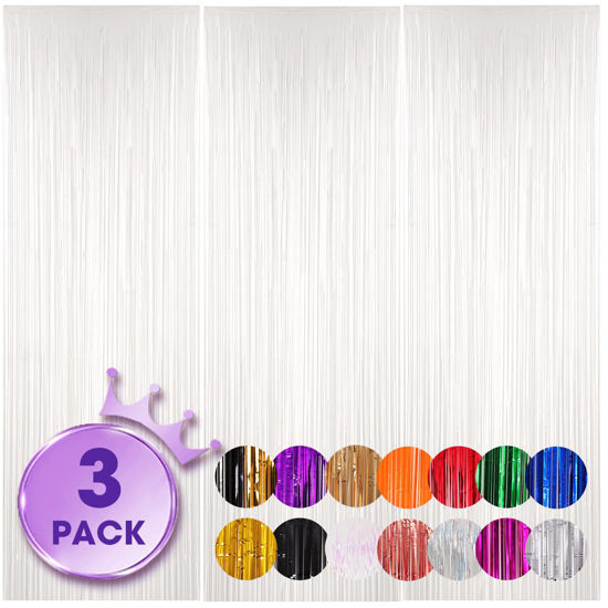 Picture of Voircoloria 3 Pack 3.3x8.2 Feet White Foil Fringe Backdrop Curtains, Tinsel Streamers Birthday Party Decorations, Fringe Backdrop for Graduation, Baby Shower, Gender Reveal, Disco Party