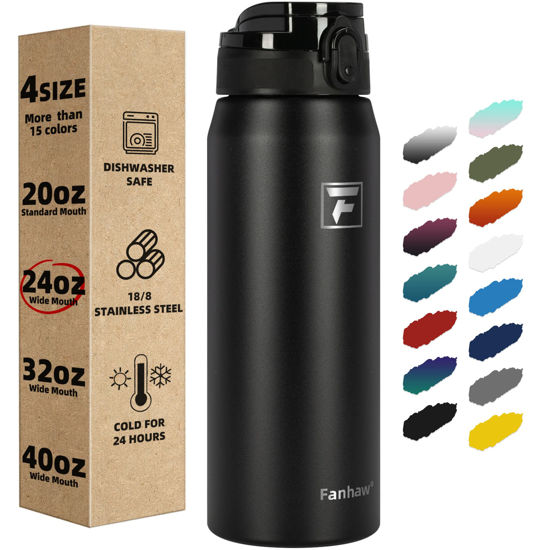 Picture of Fanhaw Insulated Water Bottle with Chug Lid - 24 Oz Double-Wall Vacuum Stainless Steel Reusable Leak & Sweat Proof Sports Water Bottle Dishwasher Safe with Anti-Dust Wide Mouth Lid (Black)