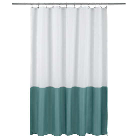 Picture of ALYVIA SPRING Waterproof Fabric Shower Curtain Liner - Soft & Light-Weight Cloth Shower Liner, 3 Bottom Magnets, Hotel Quality & Machine Washable - Standard Size 72x72, White and Teal