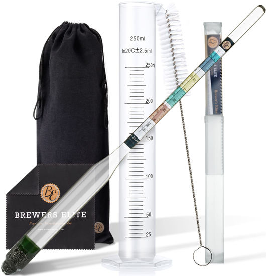 Picture of Brewer's Elite Hydrometer & Plastic Test Jar - for Home Brew Beer, Wine, Mead and Kombucha - Deluxe Triple Scale Set, Hardcase and Cloth - Specific Gravity ABV Tester