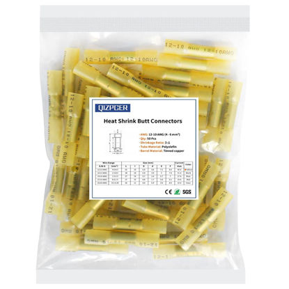 Picture of 50 Pcs Yellow Heat Shrink Butt Connectors, 12-10 AWG Waterproof Crimp Terminals Electrical Wire Connectors Splice for Marine, Cable, Wiring