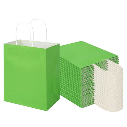 Picture of Toovip 100 Pack 8x4.75x10 Inch Medium Grass Green Kraft Paper Bags with Handles Bulk, Gift Wrap Bags for Favors Grocery Retail Party Birthday Shopping Business Goody Craft Merchandise Take Out Bags