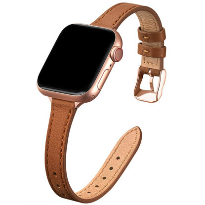 Picture of STIROLL Slim Leather Bands Compatible with Apple Watch Band 38mm 40mm 41mm 42mm 44mm 45mm 49mm,Top Grain Leather Watch Thin Wristband for iWatch Ultra SE Series 8/7/6/5/4/3/2/1(Brown with Rose Gold)