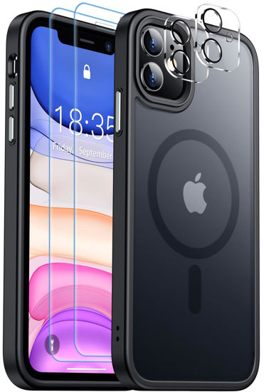 Picture of SPIDERCASE for iPhone 11 Case, [Military Drop Protection] [2 Pcs Glass Screen Protector & Camera Lens Protector] [MagSafe-Compatible] Translucent Matte Case,Black