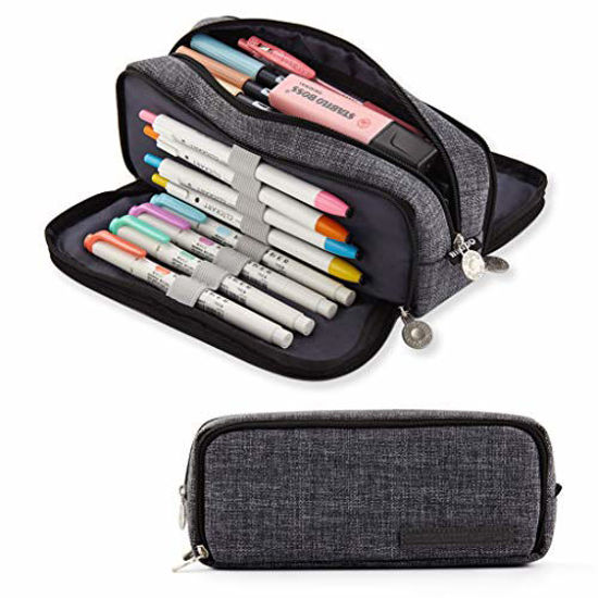 Picture of ANGOOBABY Large Pencil Case Big Capacity 3 Compartments Canvas Pencil Pouch for Teen Boys Girls School Students (Black)
