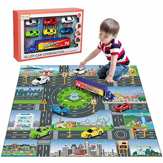 Picture of TEMI Diecast Racing Cars Toy Set w/Activity Play Mat, Truck Carrier, Alloy Metal Race Model Car & Assorted Vehicle Play Set for Kids, Boys & Girls