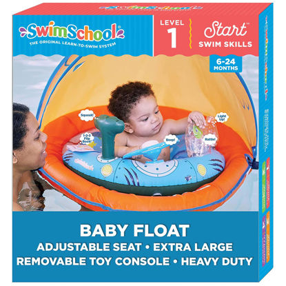 Picture of SwimSchool Baby Pool Float with Adjustable Canopy - 6-24 Months - Includes 5-Toy Interactive Play Console Safety Seat - Orange