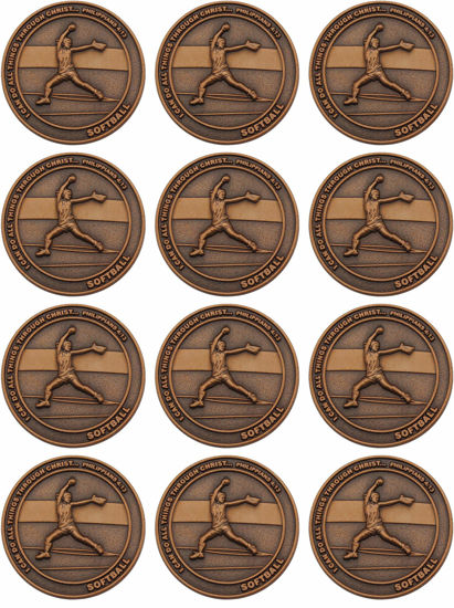 Picture of Bulk Softball Coin, Pack of 12, Christian Sports Coin for Young Athletes, Gift for Softball Player or Team, I Can Do All Things, Antique Rose Gold Plated Challenge Coin, Philippians 4:13