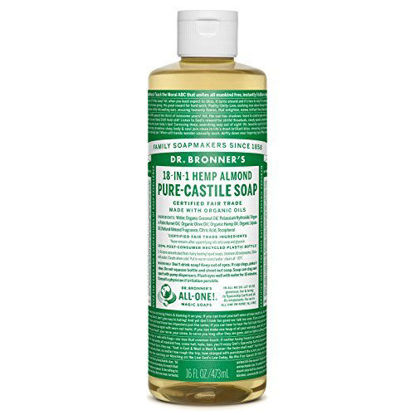 Picture of Dr. Bronner’s - Pure-Castile Liquid Soap (Almond, 16 ounce) - Made with Organic Oils, 18-in-1 Uses: Face, Body, Hair, Laundry, Pets and Dishes, Concentrated, Vegan, Non-GMO