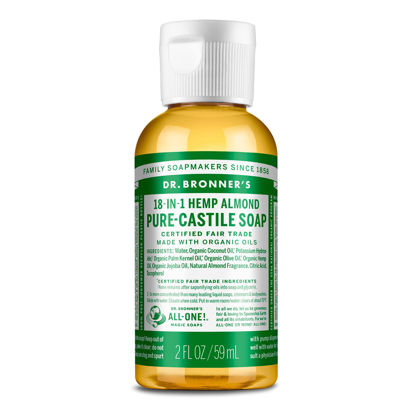 Picture of Dr. Bronner's - Pure-Castile Liquid Soap (Almond, Travel Size, 2 ounce) - Made with Organic Oils, 18-in-1 Uses: Face, Body, Hair, Laundry, Pets and Dishes, Concentrated, Vegan, Non-GMO