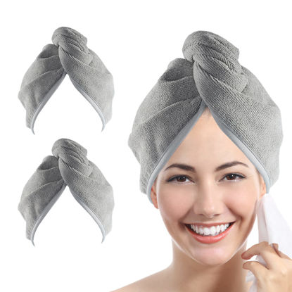 Picture of YoulerTex Microfiber Hair Towel Wrap for Women, 2 Pack 10 inch X 26 inch Super Absorbent Quick Dry Hair Turban for Drying Curly Long Thick Hair (Gray)