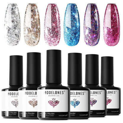 Picture of modelones Gel Nail Polish Set - 6 Colors New Year Kit Sparkle Glitter Gold Silver Gel Polish Nail Kit Soak Off Nail Polish for Christmas Nail Art Manicure DIY Holiday '22 Collection for Women Gifts