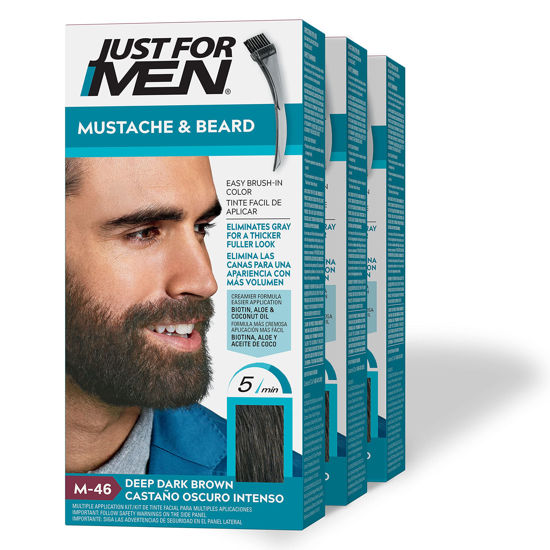 Picture of Just For Men Mustache & Beard, Beard Dye for Men with Brush Included for Easy Application, With Biotin Aloe and Coconut Oil for Healthy Facial Hair - Deep Dark Brown, M-46, Pack of 3